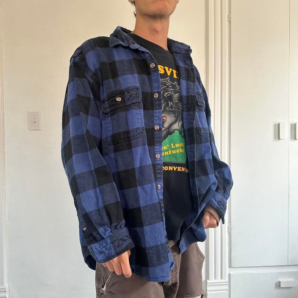 Vintage Faded Heavy Cotton Blue Black Flannel Work Shirt - Picture 5 of 5